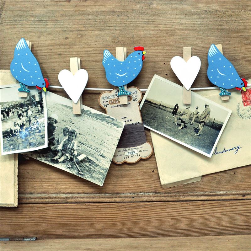 Order String of hand painted wooden pegs:  Chickens and hearts (blue)