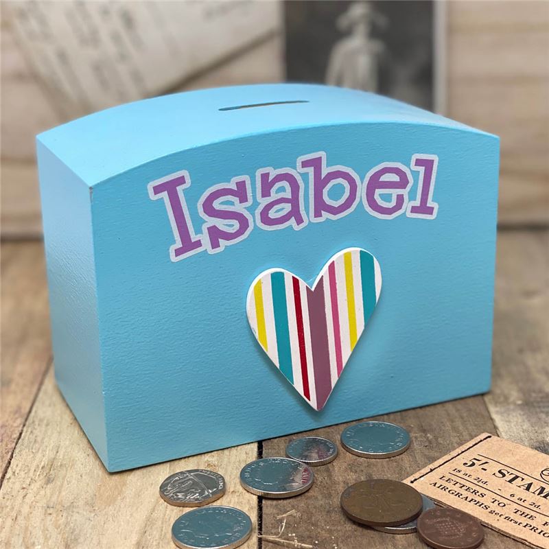 Order Stripey heart personalised money box