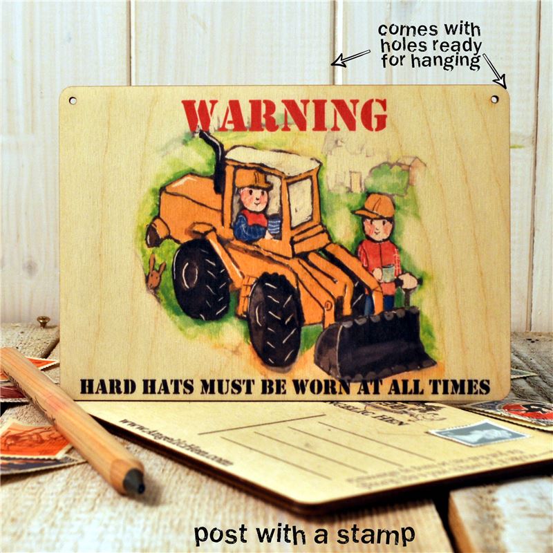 Wooden Postcard - Warning hard hats must be worn